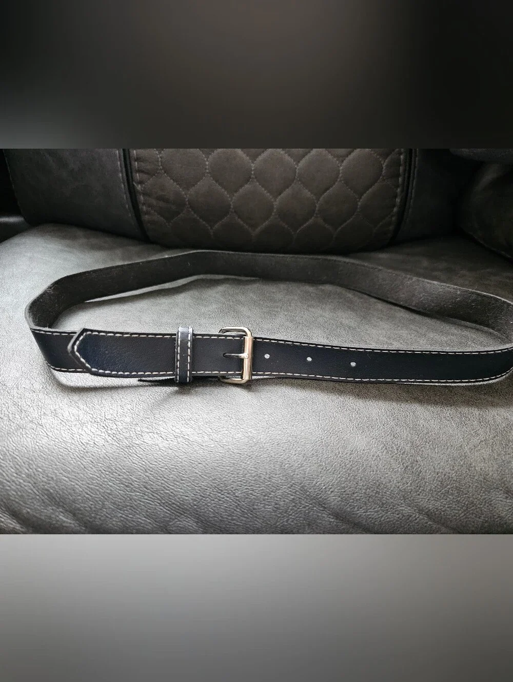 Vintage 80s/90s Navy Blue Contrast Stitch Belt Silver Buckle Minimalist